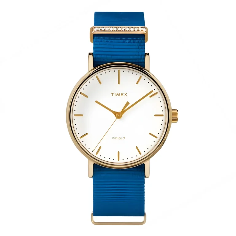 A stylish Timex watch featuring a gold-tone case, white dial, and a vibrant blue silicone strap with a decorative accent.